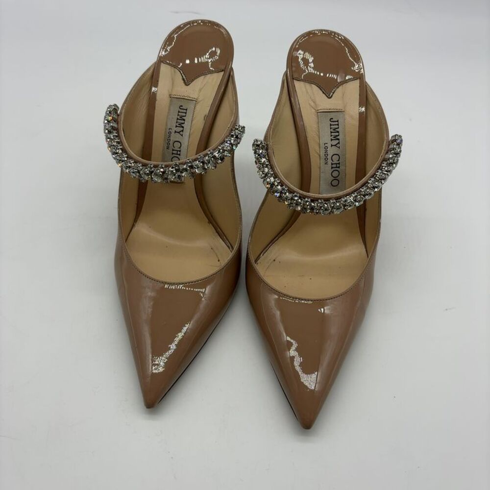 Jimmy Choo Nude Patent Leather Pointed Toe Mules with Crystal Strap